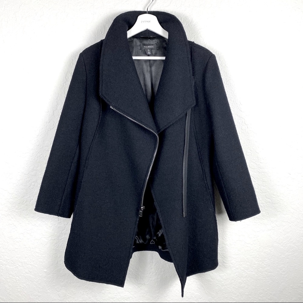 Halogen Asymmetrical Zip Boiled Wool Blend Coat